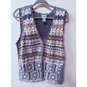 Koret Womens Crochet Vest Blue Boho Granny Square Open Knit Size M Cottagecore